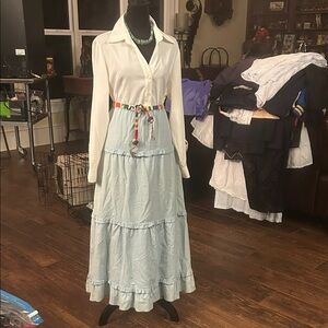 Vintage Sz M Mountain Lake Light Blue Denim Chambray Maxi Skirt GVC